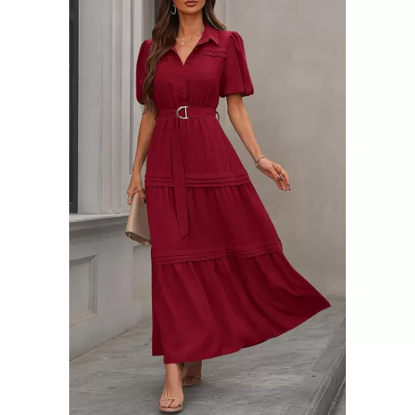 imagePRETTYGARDEN Womens Summer Maxi Dress Puff Short Sleeve Lapel V Neck Tiered A Line Flowy Elegant Party Dresses with BeltWine Red