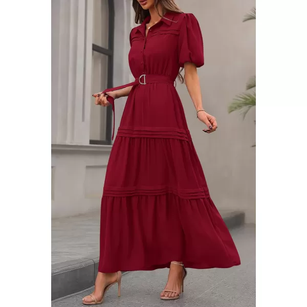 imagePRETTYGARDEN Womens Summer Maxi Dress Puff Short Sleeve Lapel V Neck Tiered A Line Flowy Elegant Party Dresses with BeltWine Red