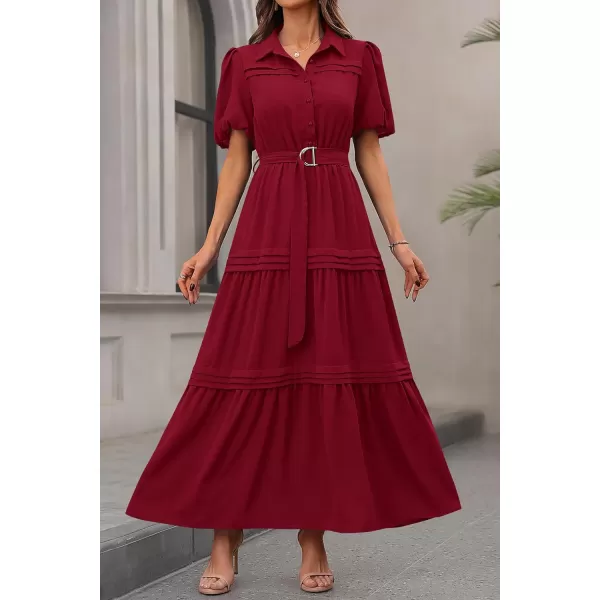 imagePRETTYGARDEN Womens Summer Maxi Dress Puff Short Sleeve Lapel V Neck Tiered A Line Flowy Elegant Party Dresses with BeltWine Red