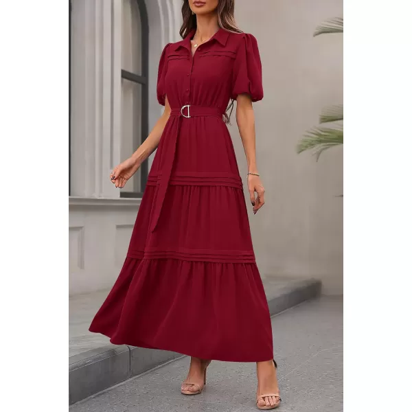 imagePRETTYGARDEN Womens Summer Maxi Dress Puff Short Sleeve Lapel V Neck Tiered A Line Flowy Elegant Party Dresses with BeltWine Red