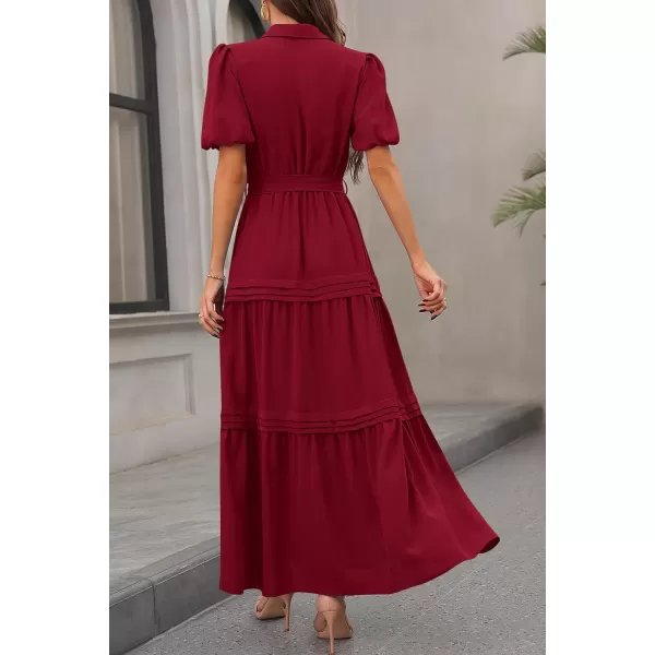 imagePRETTYGARDEN Womens Summer Maxi Dress Puff Short Sleeve Lapel V Neck Tiered A Line Flowy Elegant Party Dresses with BeltWine Red