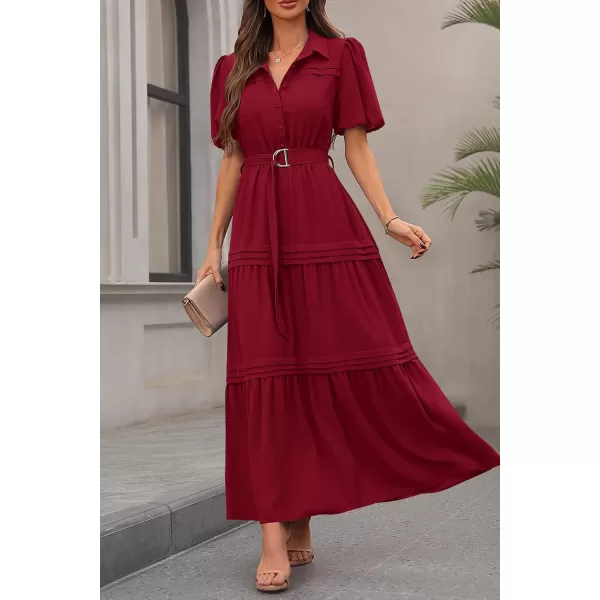 imagePRETTYGARDEN Womens Summer Maxi Dress Puff Short Sleeve Lapel V Neck Tiered A Line Flowy Elegant Party Dresses with BeltWine Red