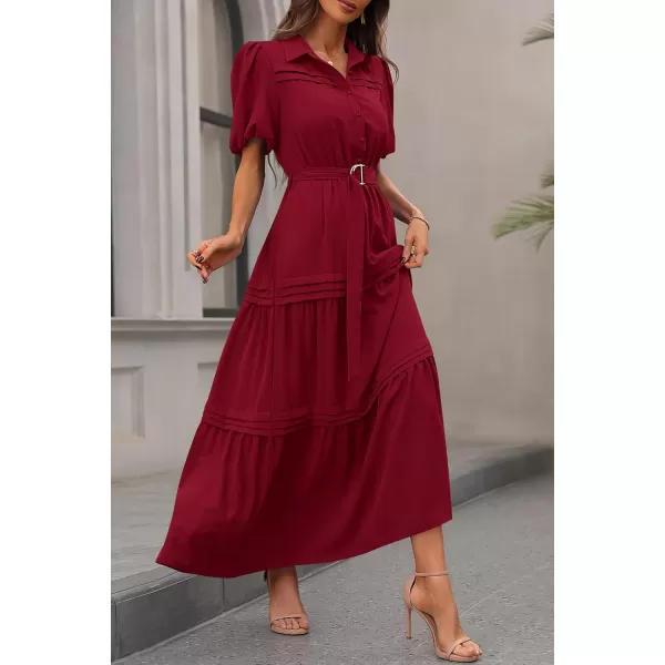 imagePRETTYGARDEN Womens Summer Maxi Dress Puff Short Sleeve Lapel V Neck Tiered A Line Flowy Elegant Party Dresses with BeltWine Red