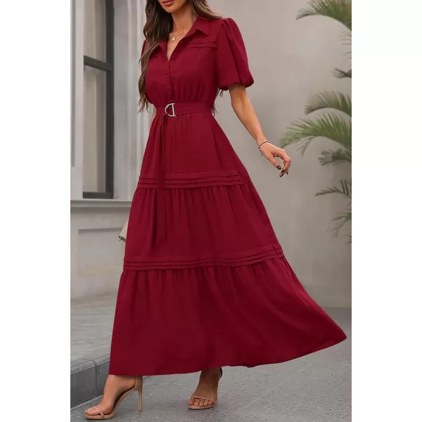 imagePRETTYGARDEN Womens Summer Maxi Dress Puff Short Sleeve Lapel V Neck Tiered A Line Flowy Elegant Party Dresses with BeltWine Red