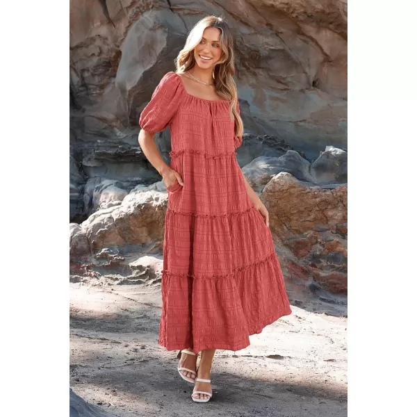 imagePRETTYGARDEN Womens Summer Maxi Dress Short Sleeve Square Neck Ruffle Tiered Flowy Casual Boho Long Dresses with PocketsBean Paste Pink