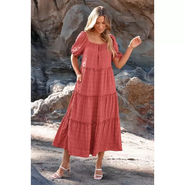 imagePRETTYGARDEN Womens Summer Maxi Dress Short Sleeve Square Neck Ruffle Tiered Flowy Casual Boho Long Dresses with PocketsBean Paste Pink
