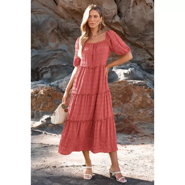 imagePRETTYGARDEN Womens Summer Maxi Dress Short Sleeve Square Neck Ruffle Tiered Flowy Casual Boho Long Dresses with PocketsBean Paste Pink