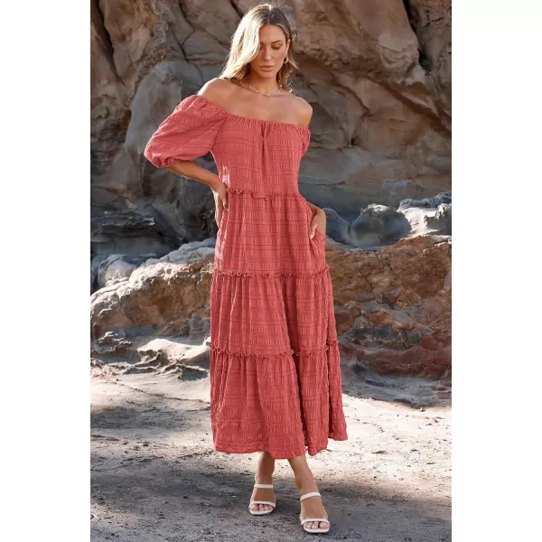 imagePRETTYGARDEN Womens Summer Maxi Dress Short Sleeve Square Neck Ruffle Tiered Flowy Casual Boho Long Dresses with PocketsBean Paste Pink