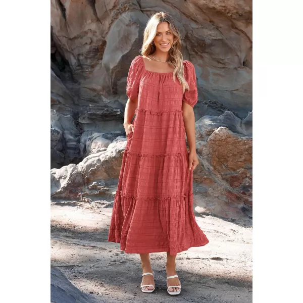 imagePRETTYGARDEN Womens Summer Maxi Dress Short Sleeve Square Neck Ruffle Tiered Flowy Casual Boho Long Dresses with PocketsBean Paste Pink