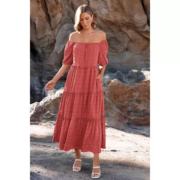 imagePRETTYGARDEN Womens Summer Maxi Dress Short Sleeve Square Neck Ruffle Tiered Flowy Casual Boho Long Dresses with PocketsBean Paste Pink