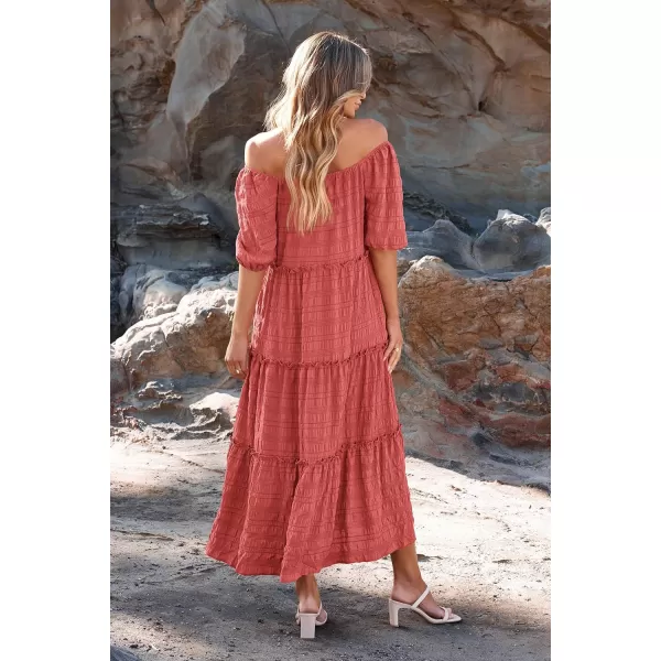 imagePRETTYGARDEN Womens Summer Maxi Dress Short Sleeve Square Neck Ruffle Tiered Flowy Casual Boho Long Dresses with PocketsBean Paste Pink