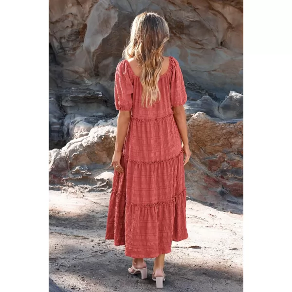 imagePRETTYGARDEN Womens Summer Maxi Dress Short Sleeve Square Neck Ruffle Tiered Flowy Casual Boho Long Dresses with PocketsBean Paste Pink