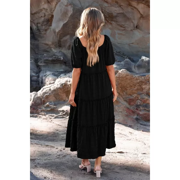imagePRETTYGARDEN Womens Summer Maxi Dress Short Sleeve Square Neck Ruffle Tiered Flowy Casual Boho Long Dresses with PocketsBlack