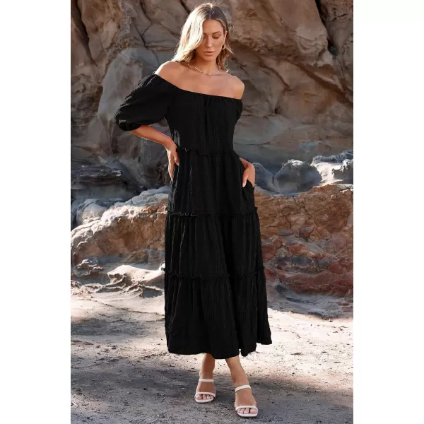 imagePRETTYGARDEN Womens Summer Maxi Dress Short Sleeve Square Neck Ruffle Tiered Flowy Casual Boho Long Dresses with PocketsBlack