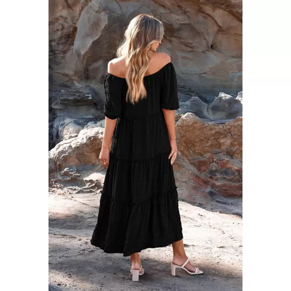 imagePRETTYGARDEN Womens Summer Maxi Dress Short Sleeve Square Neck Ruffle Tiered Flowy Casual Boho Long Dresses with PocketsBlack