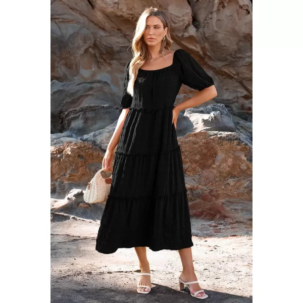 imagePRETTYGARDEN Womens Summer Maxi Dress Short Sleeve Square Neck Ruffle Tiered Flowy Casual Boho Long Dresses with PocketsBlack
