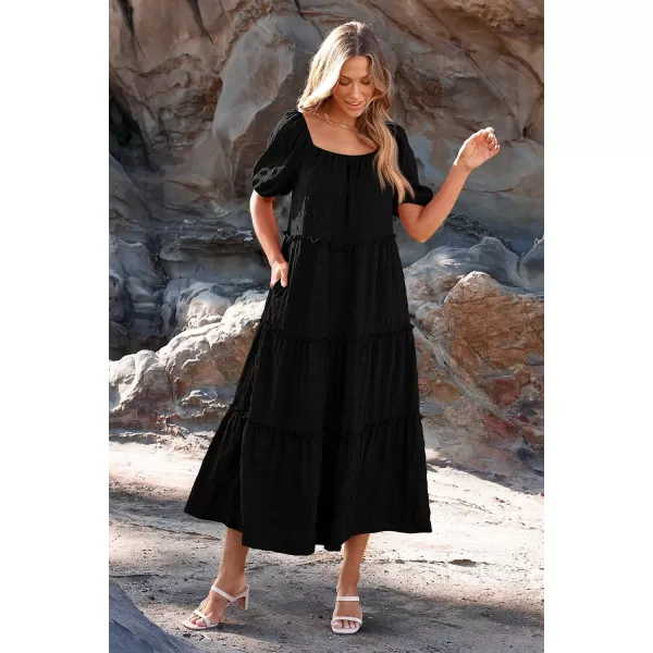 imagePRETTYGARDEN Womens Summer Maxi Dress Short Sleeve Square Neck Ruffle Tiered Flowy Casual Boho Long Dresses with PocketsBlack