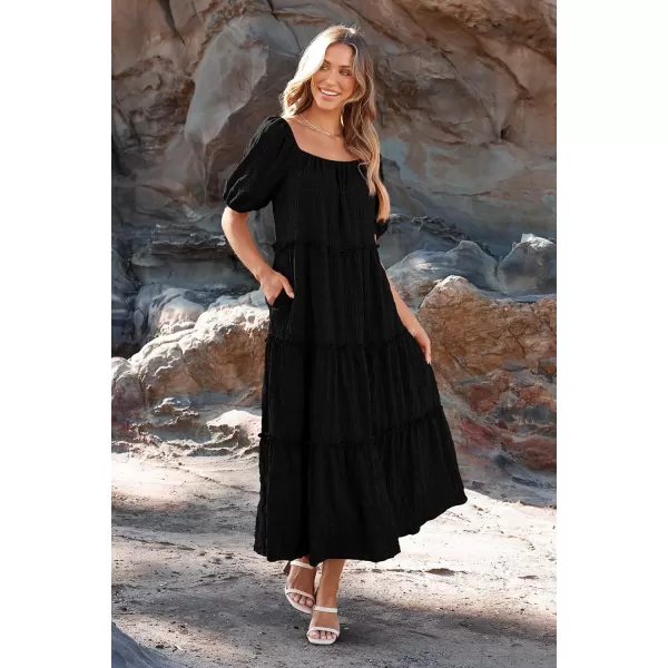 imagePRETTYGARDEN Womens Summer Maxi Dress Short Sleeve Square Neck Ruffle Tiered Flowy Casual Boho Long Dresses with PocketsBlack