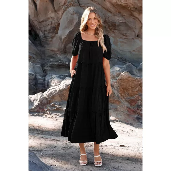 imagePRETTYGARDEN Womens Summer Maxi Dress Short Sleeve Square Neck Ruffle Tiered Flowy Casual Boho Long Dresses with PocketsBlack