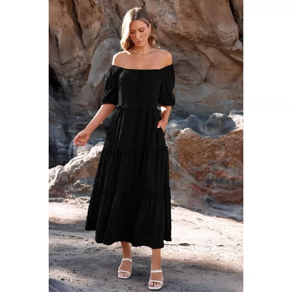 imagePRETTYGARDEN Womens Summer Maxi Dress Short Sleeve Square Neck Ruffle Tiered Flowy Casual Boho Long Dresses with PocketsBlack