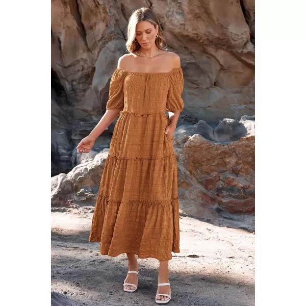 imagePRETTYGARDEN Womens Summer Maxi Dress Short Sleeve Square Neck Ruffle Tiered Flowy Casual Boho Long Dresses with PocketsBrown