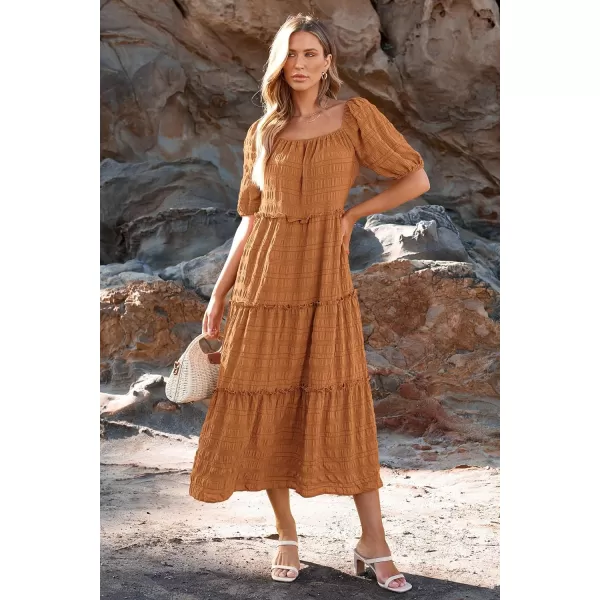 imagePRETTYGARDEN Womens Summer Maxi Dress Short Sleeve Square Neck Ruffle Tiered Flowy Casual Boho Long Dresses with PocketsBrown