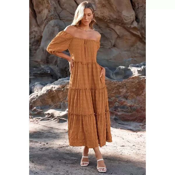 imagePRETTYGARDEN Womens Summer Maxi Dress Short Sleeve Square Neck Ruffle Tiered Flowy Casual Boho Long Dresses with PocketsBrown