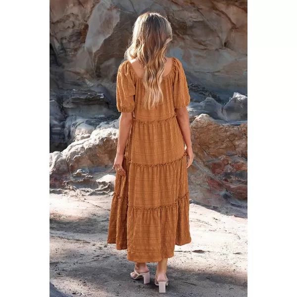 imagePRETTYGARDEN Womens Summer Maxi Dress Short Sleeve Square Neck Ruffle Tiered Flowy Casual Boho Long Dresses with PocketsBrown