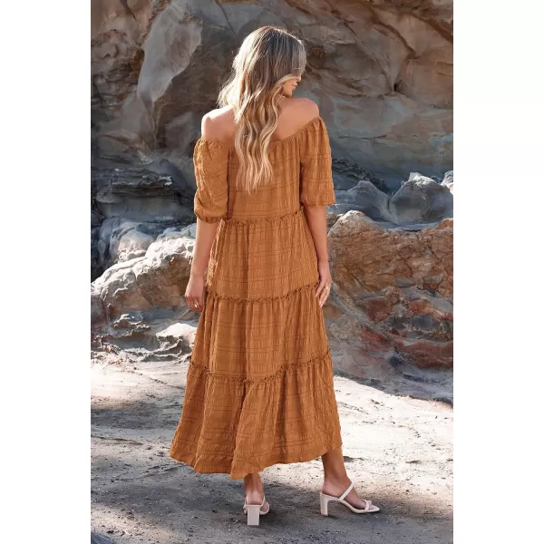 imagePRETTYGARDEN Womens Summer Maxi Dress Short Sleeve Square Neck Ruffle Tiered Flowy Casual Boho Long Dresses with PocketsBrown