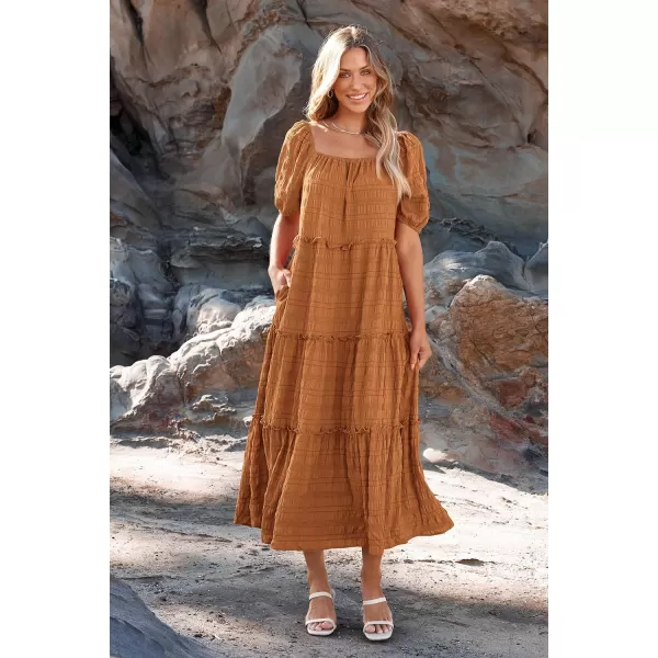 imagePRETTYGARDEN Womens Summer Maxi Dress Short Sleeve Square Neck Ruffle Tiered Flowy Casual Boho Long Dresses with PocketsBrown