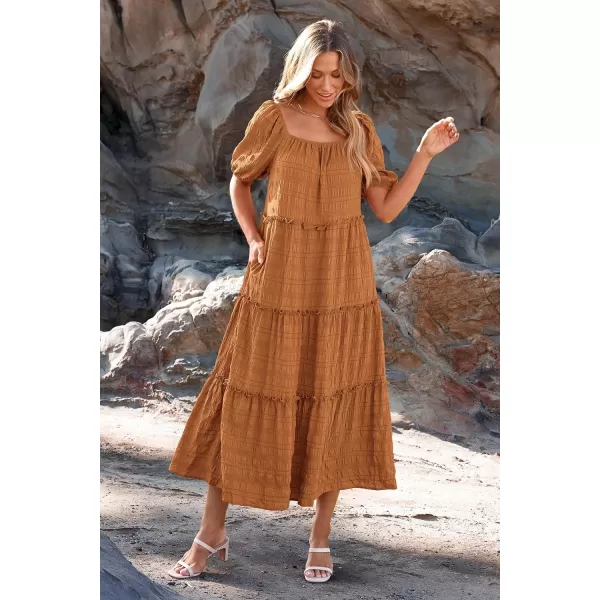 imagePRETTYGARDEN Womens Summer Maxi Dress Short Sleeve Square Neck Ruffle Tiered Flowy Casual Boho Long Dresses with PocketsBrown