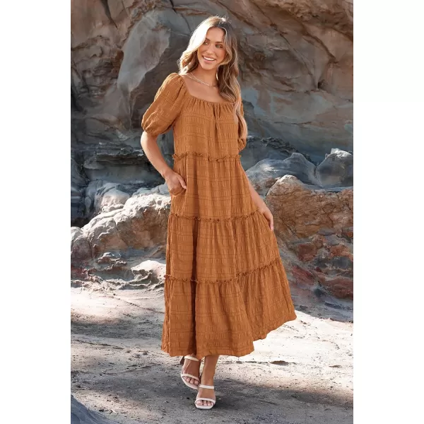 imagePRETTYGARDEN Womens Summer Maxi Dress Short Sleeve Square Neck Ruffle Tiered Flowy Casual Boho Long Dresses with PocketsBrown