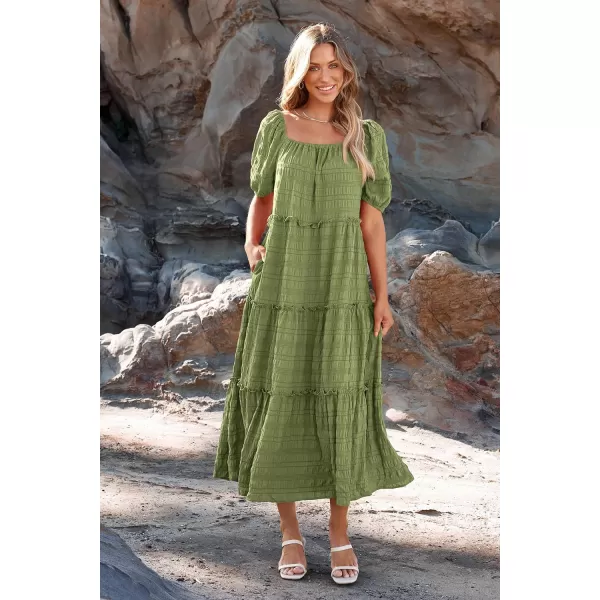 imagePRETTYGARDEN Womens Summer Maxi Dress Short Sleeve Square Neck Ruffle Tiered Flowy Casual Boho Long Dresses with PocketsLight Army Green