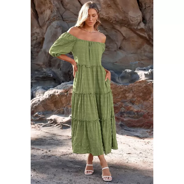 imagePRETTYGARDEN Womens Summer Maxi Dress Short Sleeve Square Neck Ruffle Tiered Flowy Casual Boho Long Dresses with PocketsLight Army Green