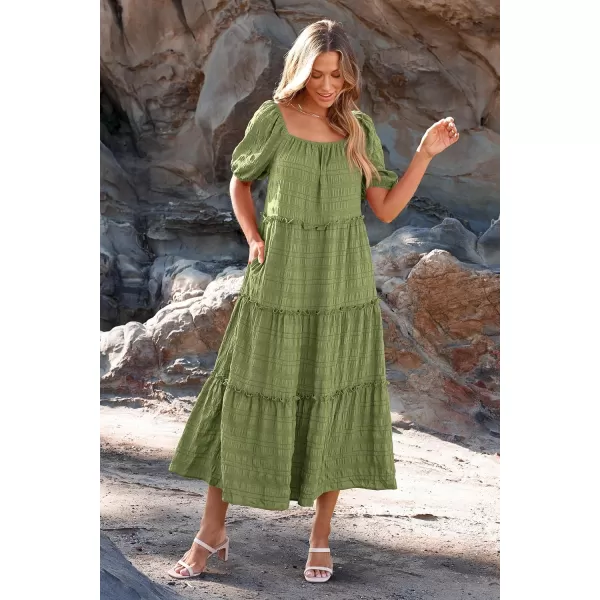 imagePRETTYGARDEN Womens Summer Maxi Dress Short Sleeve Square Neck Ruffle Tiered Flowy Casual Boho Long Dresses with PocketsLight Army Green