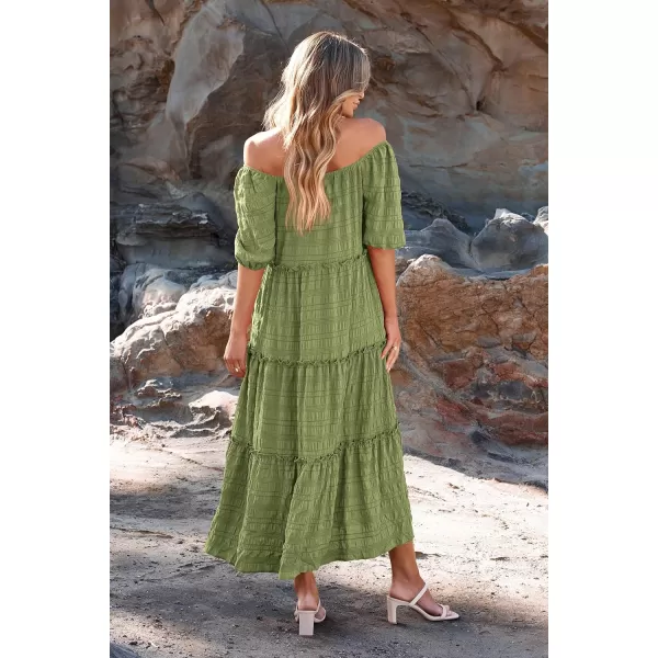imagePRETTYGARDEN Womens Summer Maxi Dress Short Sleeve Square Neck Ruffle Tiered Flowy Casual Boho Long Dresses with PocketsLight Army Green