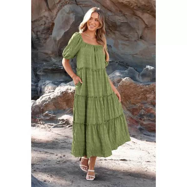 imagePRETTYGARDEN Womens Summer Maxi Dress Short Sleeve Square Neck Ruffle Tiered Flowy Casual Boho Long Dresses with PocketsLight Army Green