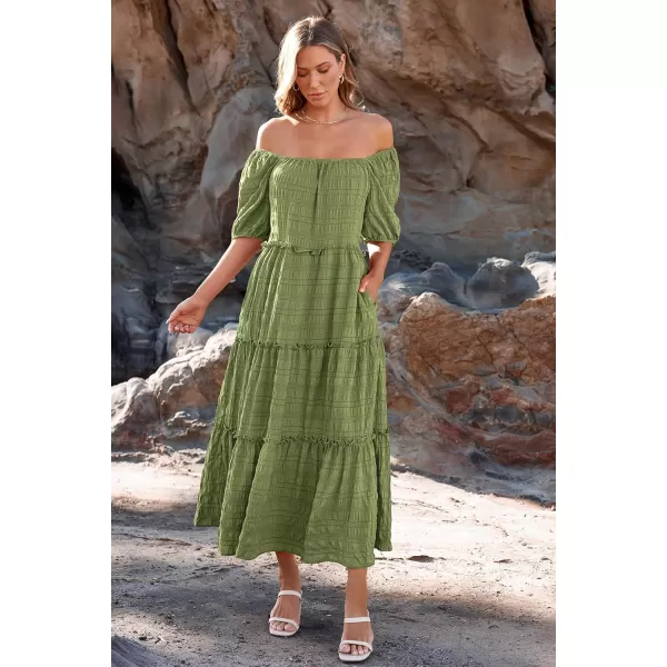 imagePRETTYGARDEN Womens Summer Maxi Dress Short Sleeve Square Neck Ruffle Tiered Flowy Casual Boho Long Dresses with PocketsLight Army Green