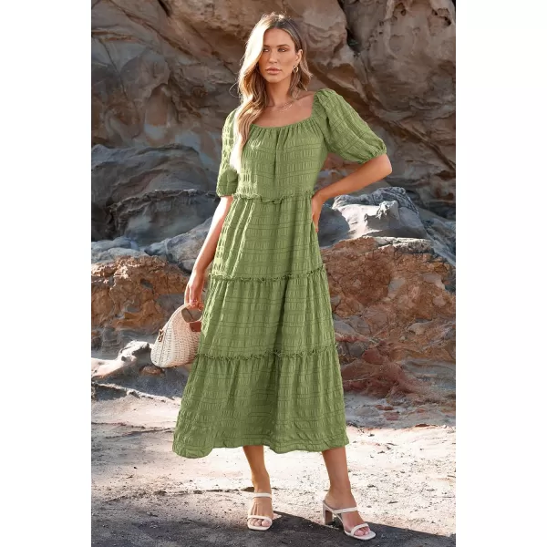imagePRETTYGARDEN Womens Summer Maxi Dress Short Sleeve Square Neck Ruffle Tiered Flowy Casual Boho Long Dresses with PocketsLight Army Green