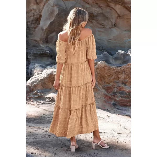 imagePRETTYGARDEN Womens Summer Maxi Dress Short Sleeve Square Neck Ruffle Tiered Flowy Casual Boho Long Dresses with PocketsLight Khaki