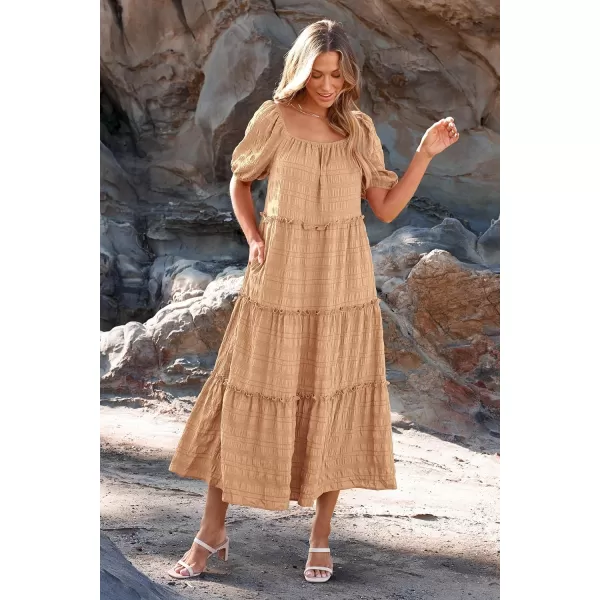 imagePRETTYGARDEN Womens Summer Maxi Dress Short Sleeve Square Neck Ruffle Tiered Flowy Casual Boho Long Dresses with PocketsLight Khaki