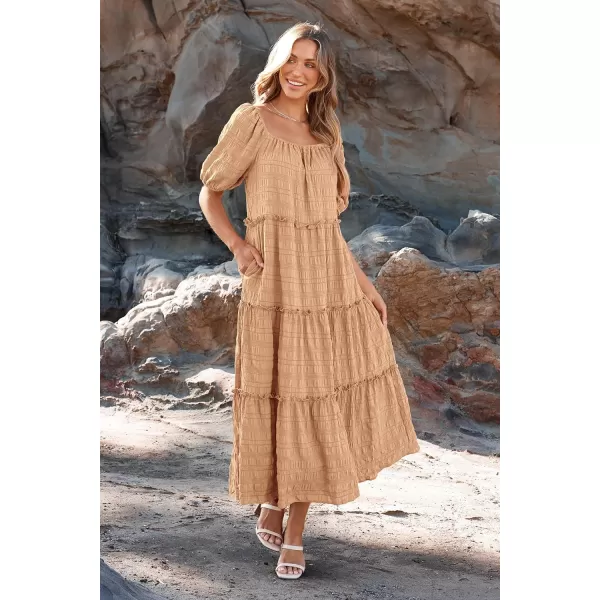 imagePRETTYGARDEN Womens Summer Maxi Dress Short Sleeve Square Neck Ruffle Tiered Flowy Casual Boho Long Dresses with PocketsLight Khaki