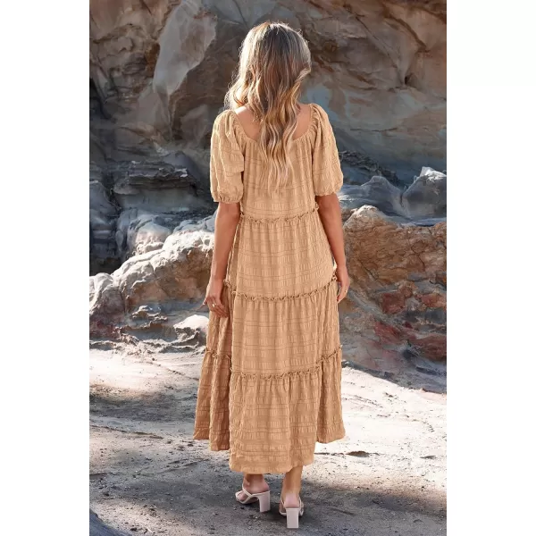 imagePRETTYGARDEN Womens Summer Maxi Dress Short Sleeve Square Neck Ruffle Tiered Flowy Casual Boho Long Dresses with PocketsLight Khaki
