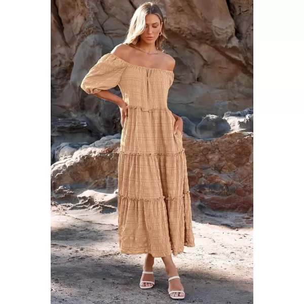 imagePRETTYGARDEN Womens Summer Maxi Dress Short Sleeve Square Neck Ruffle Tiered Flowy Casual Boho Long Dresses with PocketsLight Khaki