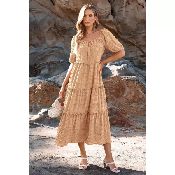 imagePRETTYGARDEN Womens Summer Maxi Dress Short Sleeve Square Neck Ruffle Tiered Flowy Casual Boho Long Dresses with PocketsLight Khaki