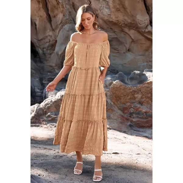 imagePRETTYGARDEN Womens Summer Maxi Dress Short Sleeve Square Neck Ruffle Tiered Flowy Casual Boho Long Dresses with PocketsLight Khaki