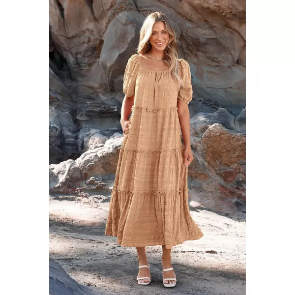 imagePRETTYGARDEN Womens Summer Maxi Dress Short Sleeve Square Neck Ruffle Tiered Flowy Casual Boho Long Dresses with PocketsLight Khaki