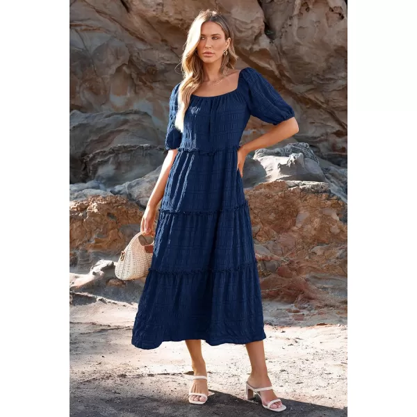 imagePRETTYGARDEN Womens Summer Maxi Dress Short Sleeve Square Neck Ruffle Tiered Flowy Casual Boho Long Dresses with PocketsNavy
