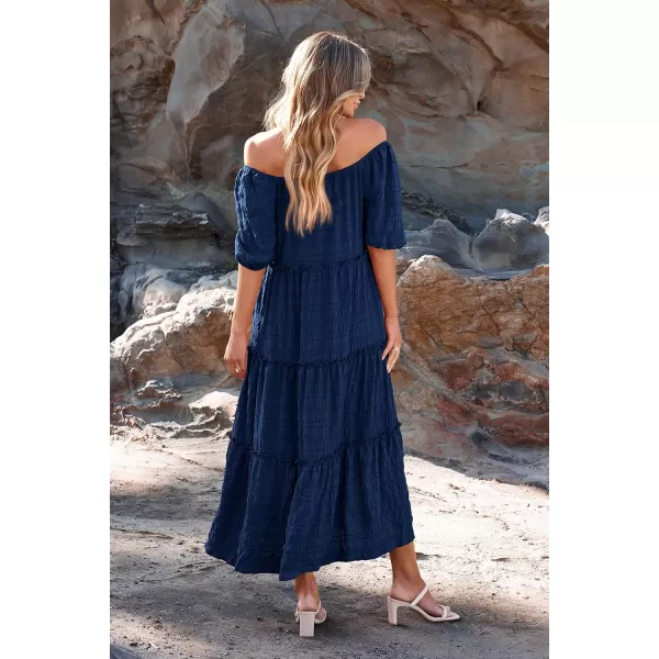 imagePRETTYGARDEN Womens Summer Maxi Dress Short Sleeve Square Neck Ruffle Tiered Flowy Casual Boho Long Dresses with PocketsNavy