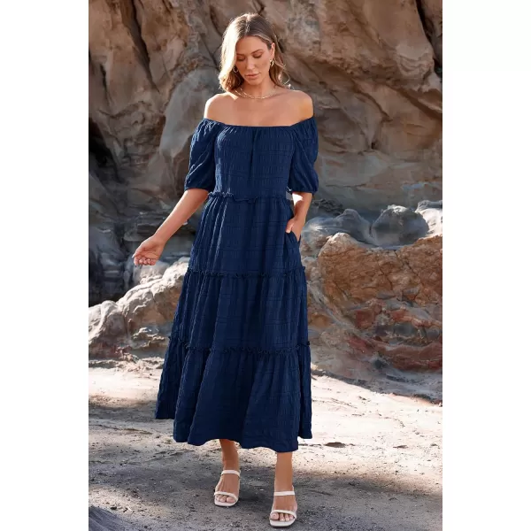 imagePRETTYGARDEN Womens Summer Maxi Dress Short Sleeve Square Neck Ruffle Tiered Flowy Casual Boho Long Dresses with PocketsNavy